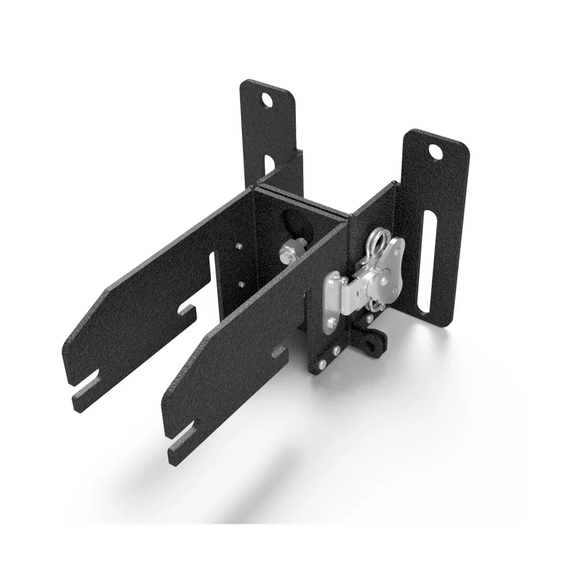 Quick release awning mount bracket for large vehicle awnings, black metal construction