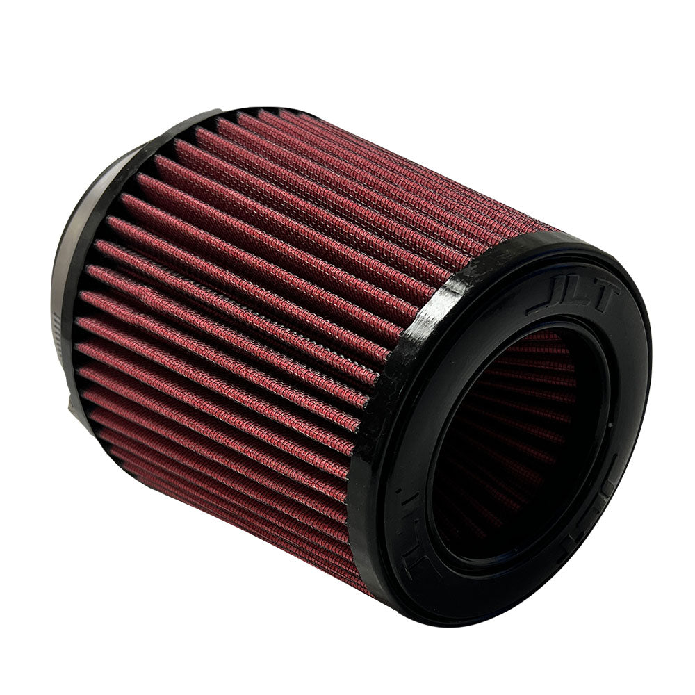 An S&B Filters red air filter with a black top and bottom, designed for a vehicle's intake.