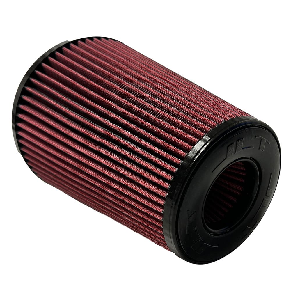A red Cotton Cleanable JLT Intake Replacement Filter 6" x 9" NS with a black top designed for a vehicle intake system.
