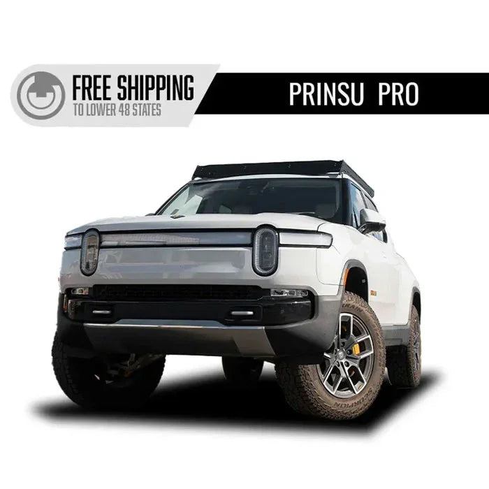 White Rivian R1T truck with Prinsu Pro roof rack, off-road wheels on white background