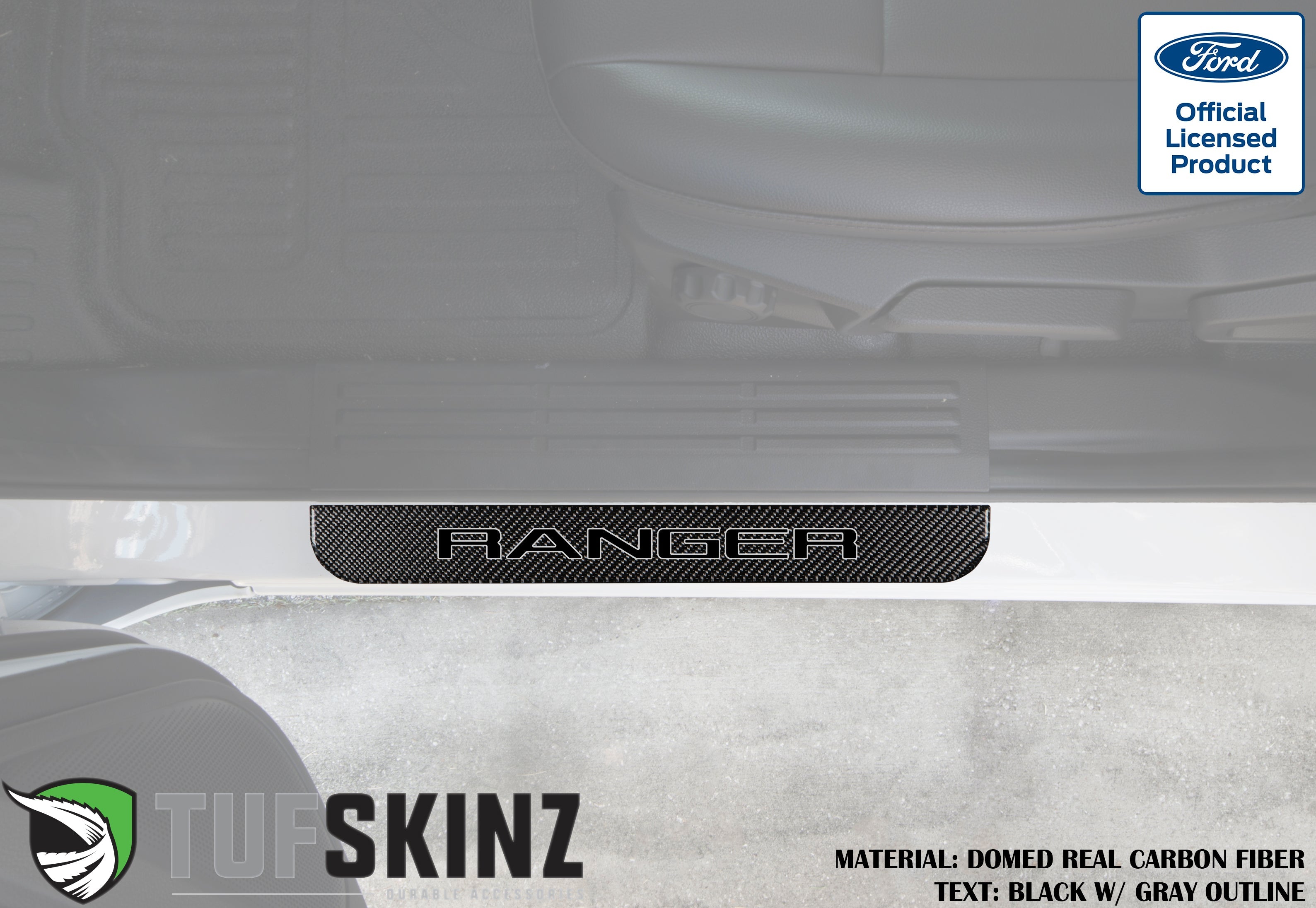 Ford Ranger carbon fiber door sill protector with black and gray text, interior view