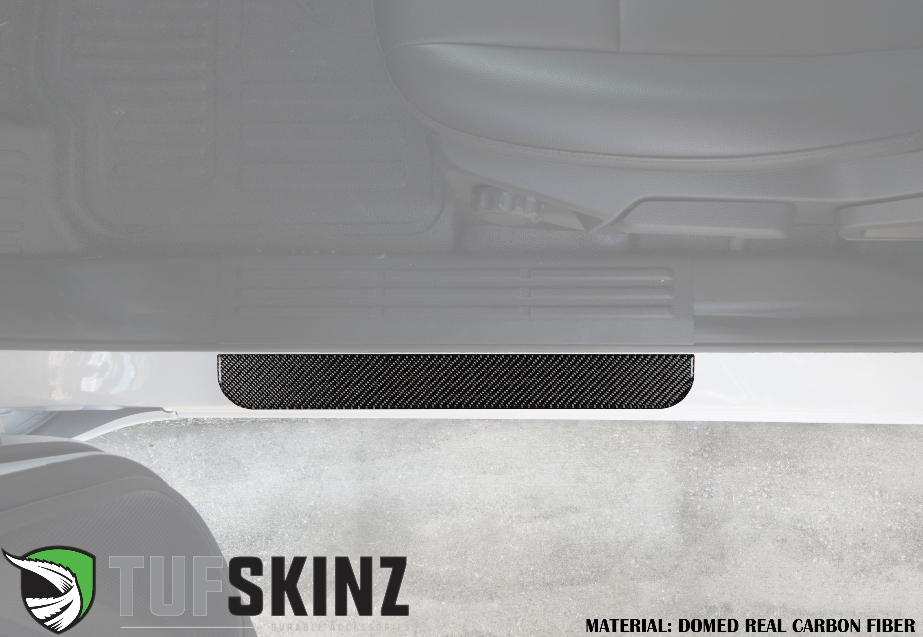 Domed real carbon fiber door sill protector installed on vehicle interior step