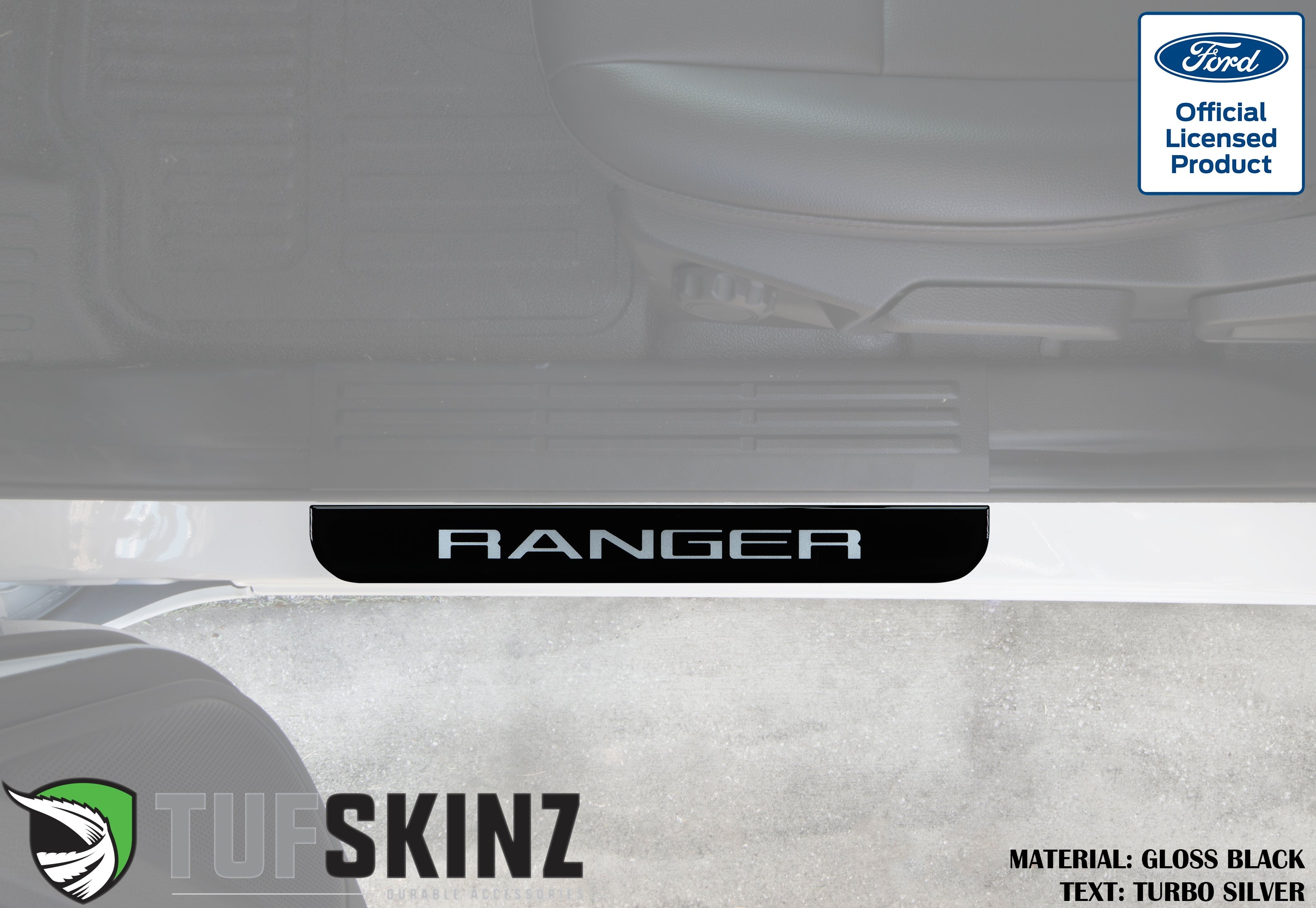 Ford Ranger gloss black door sill protector with silver TURBO text installed on vehicle