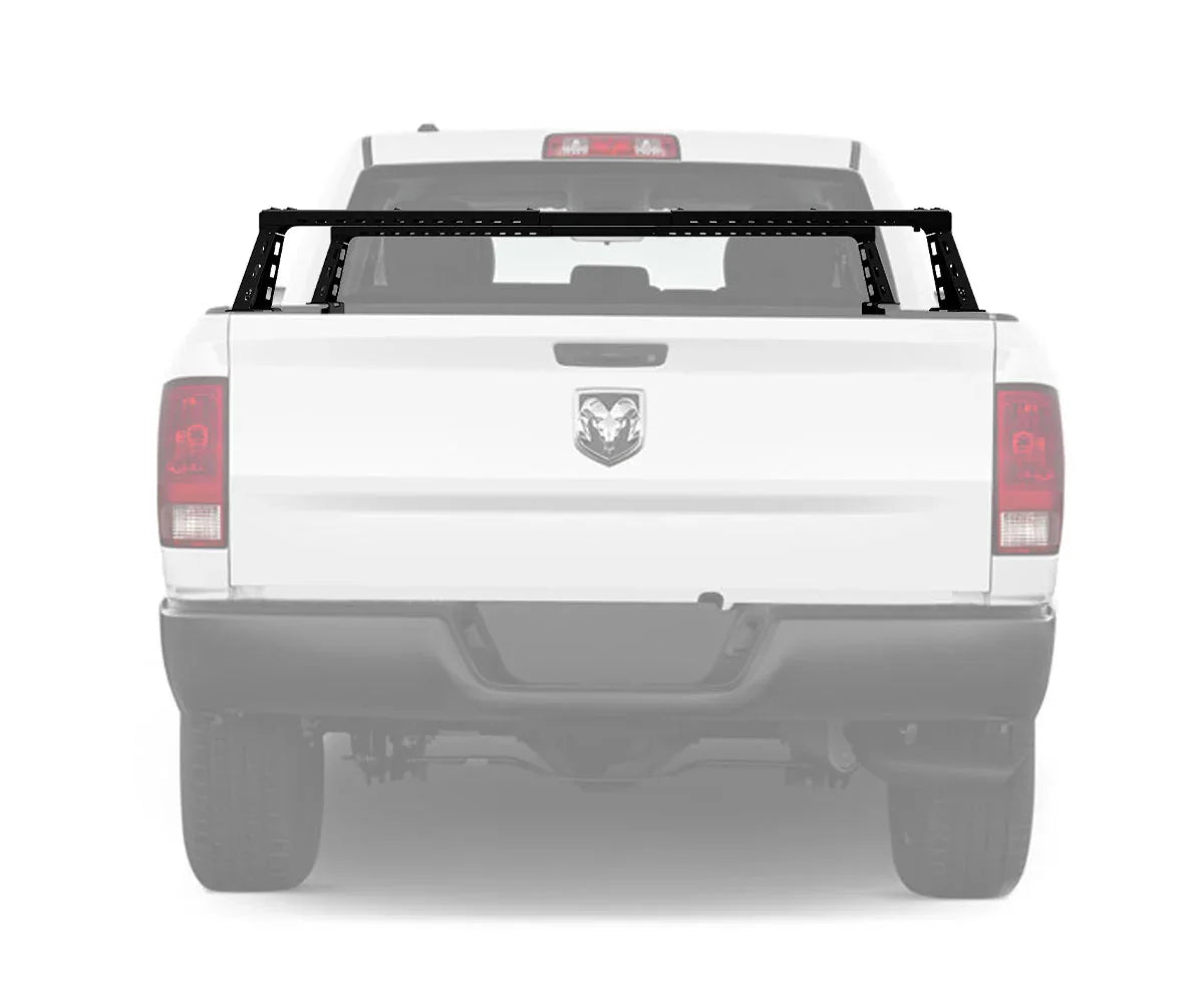 RAM 1500 bed bars installed on truck bed for overlanding and gear storage