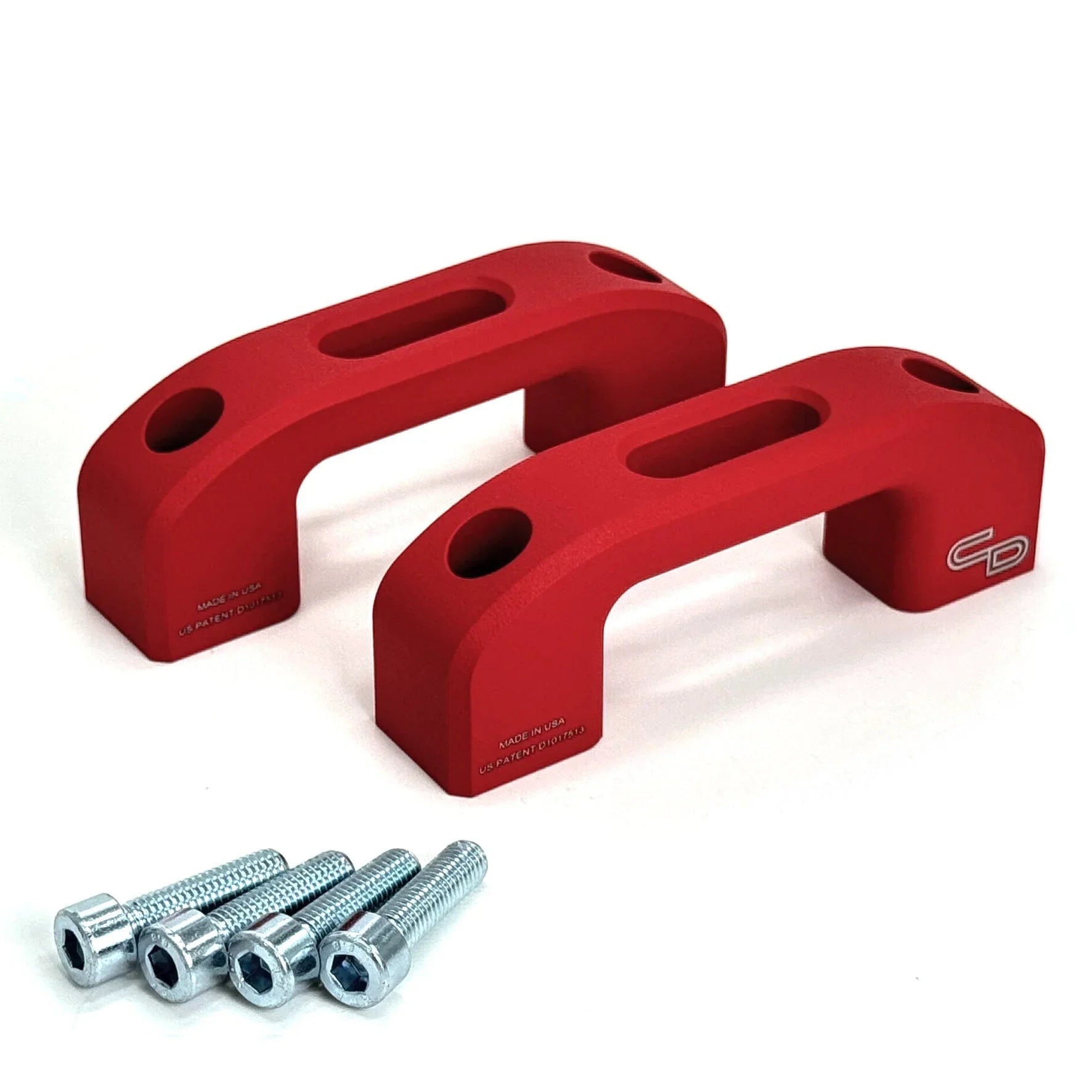 Red powder coated metal tie down anchors with mounting bolts for truck bed rail systems