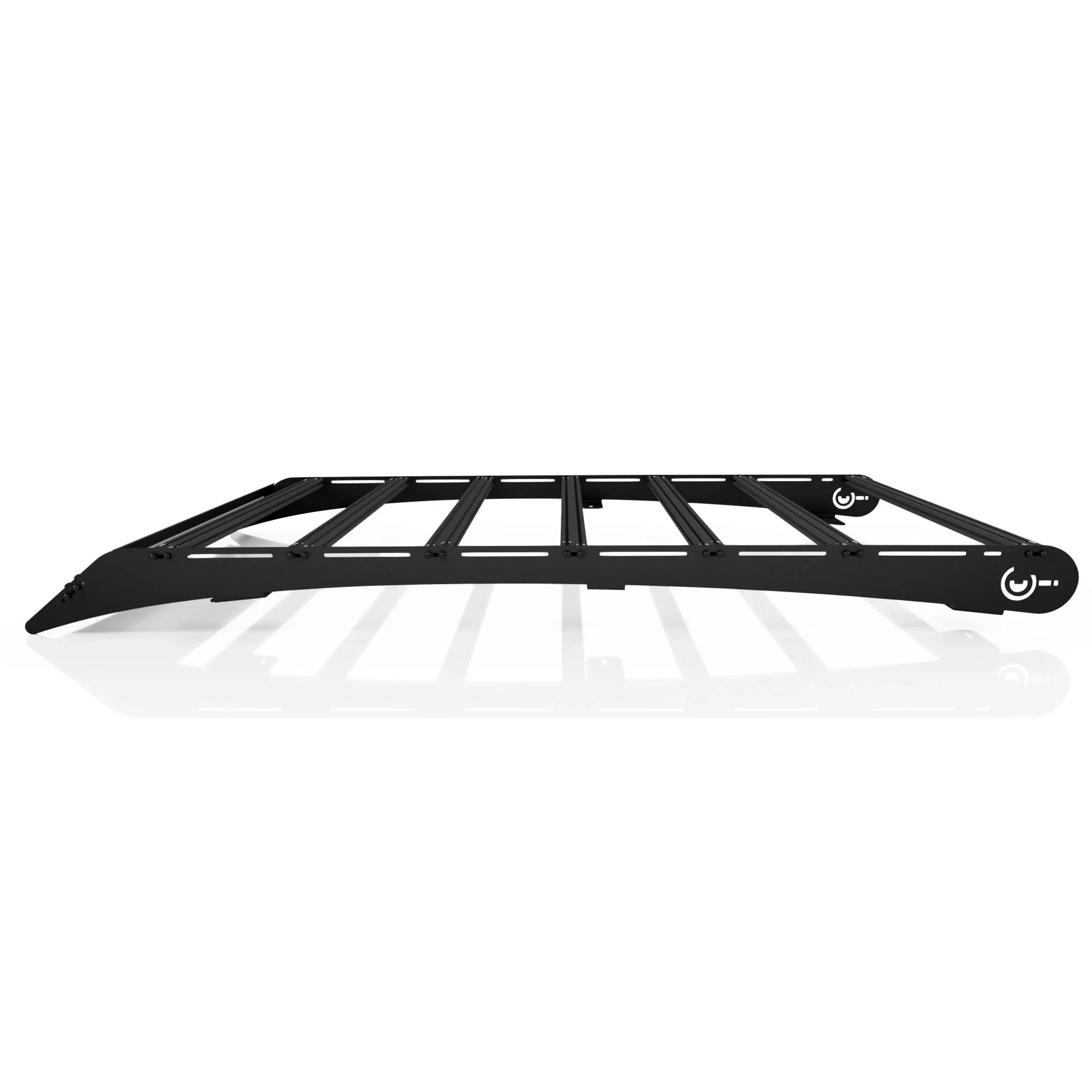Black roof rack platform for Toyota RAV4, overlanding vehicle accessory, side view