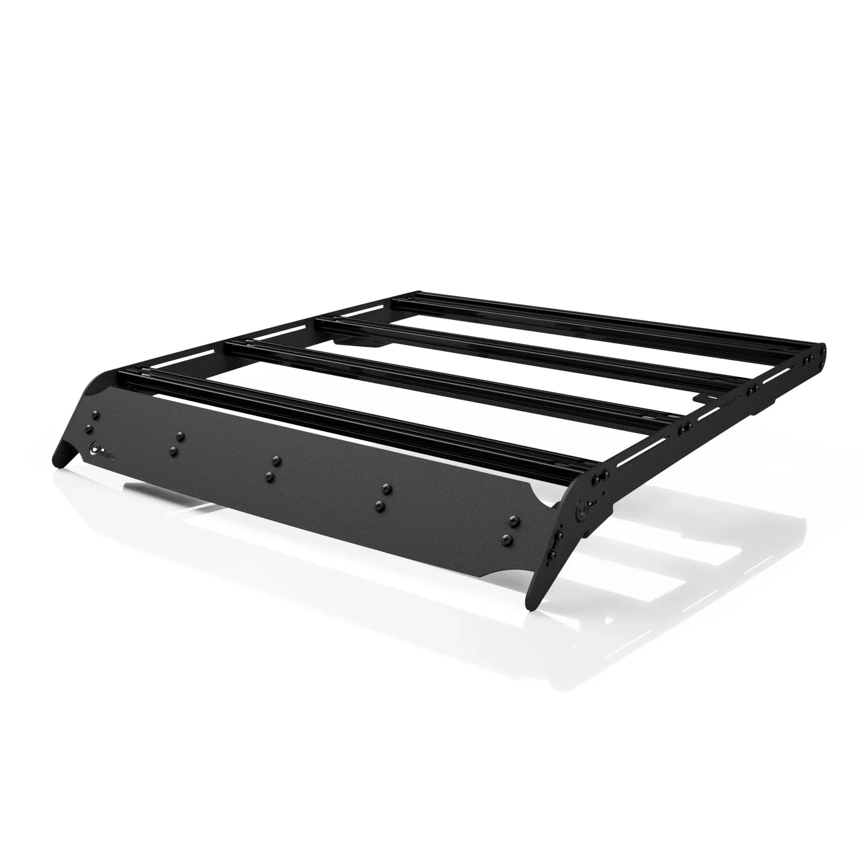 Black aluminum roof rack assembly for off-road or overlanding vehicles, isolated on white
