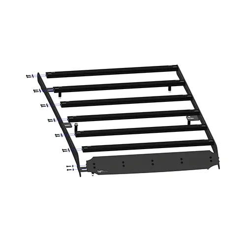 Black roof rack assembly with multiple crossbars for off-road vehicle camping gear