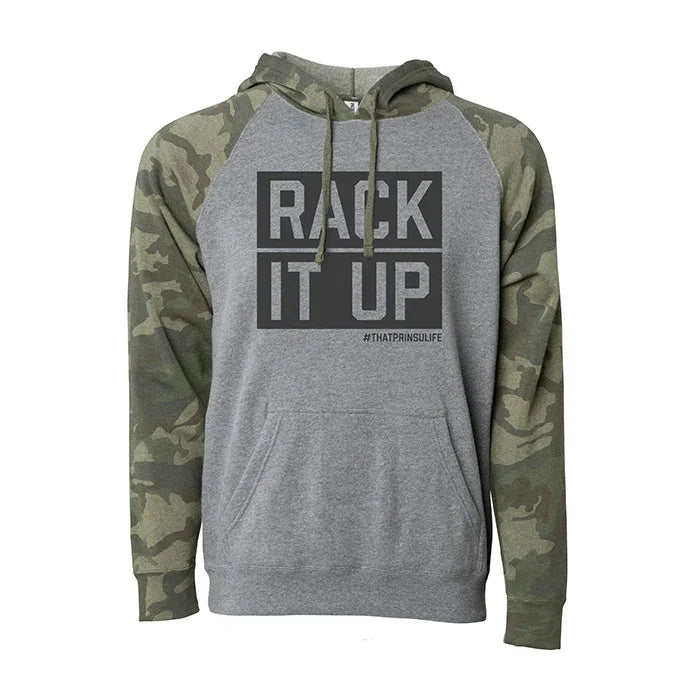 Gray hoodie with camo sleeves, 'RACK IT UP' text, overlanding adventure apparel