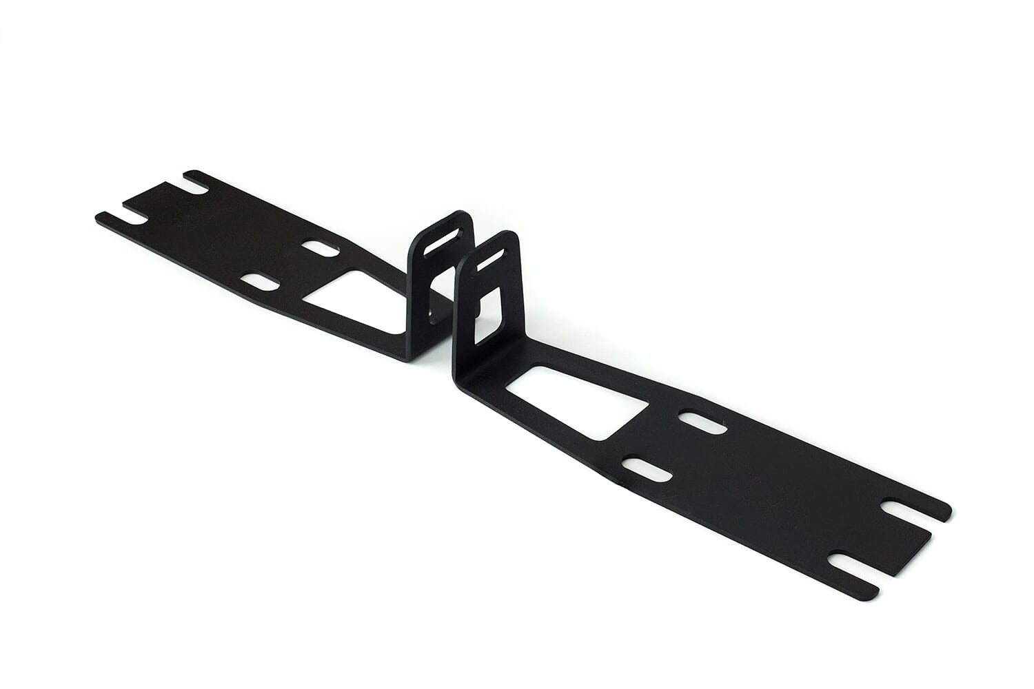 Black steel mounting brackets for overland vehicle accessories on white background