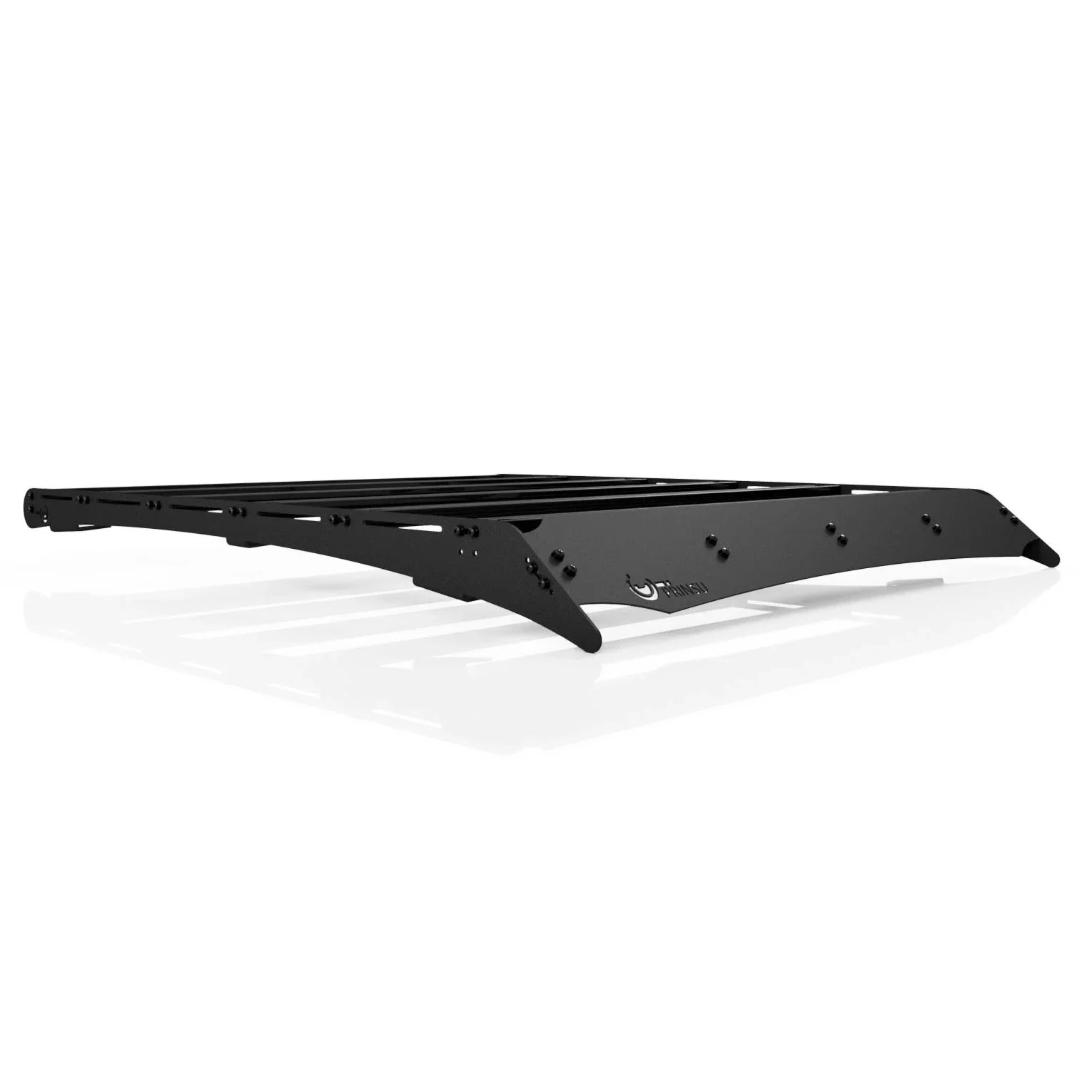 Black roof rack for overlanding vehicles, rugged steel construction, isolated on white