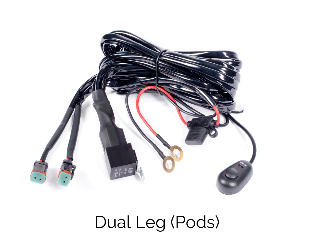 Dual leg wiring harness for off-road LED light pods with relay, switch, and connectors
