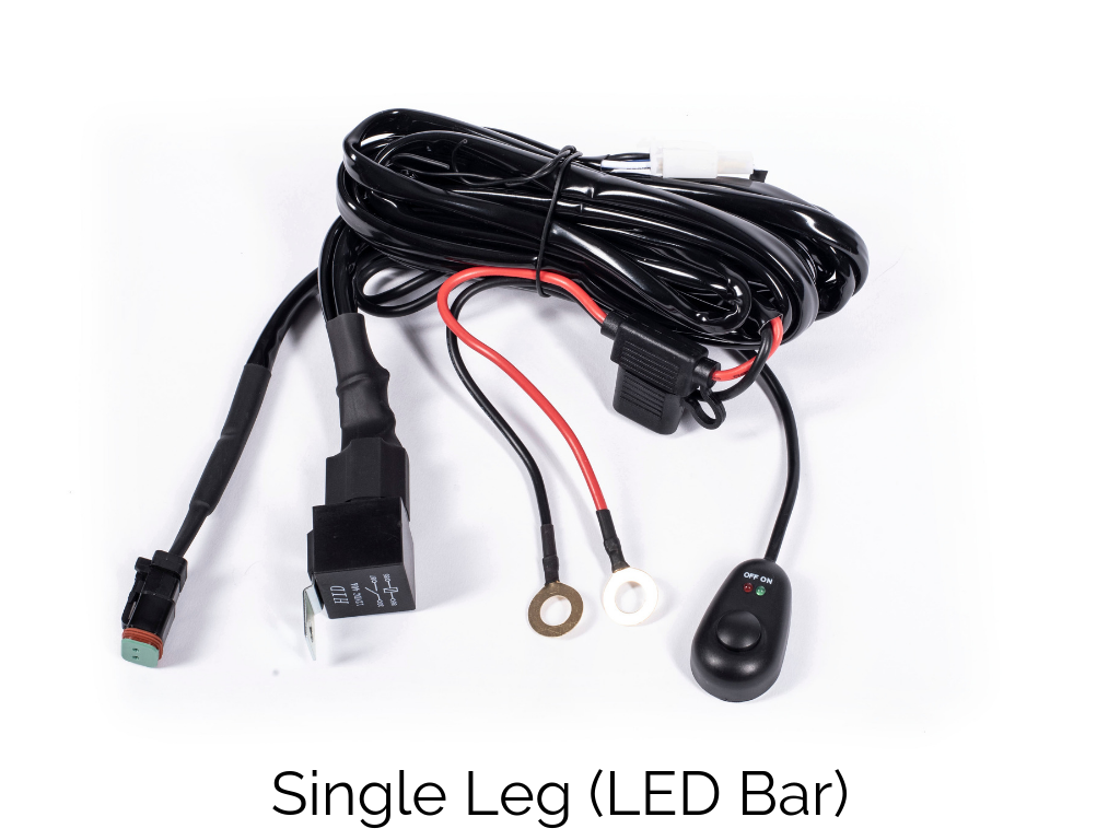 LED light bar wiring harness with relay, switch, and connectors for overlanding vehicles