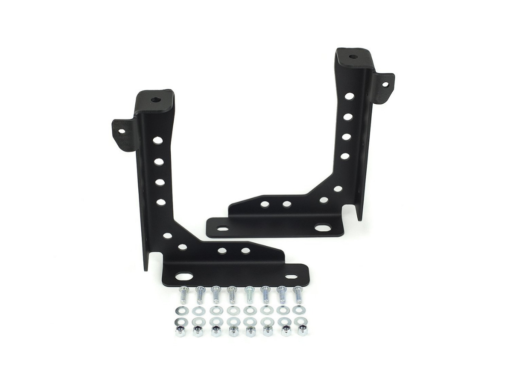 Black metal overland vehicle mounting brackets with bolts and washers for camping gear