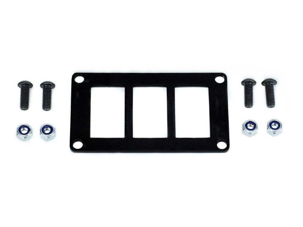 Black 3-gang switch panel mounting plate with screws and nuts for vehicle accessory installs
