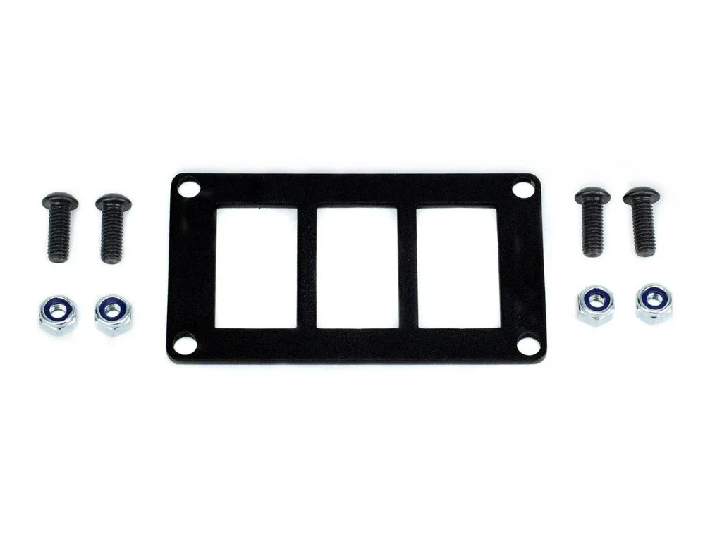 Black metal switch panel with mounting hardware for Toyota, Jeep, or Ford vehicle dash install