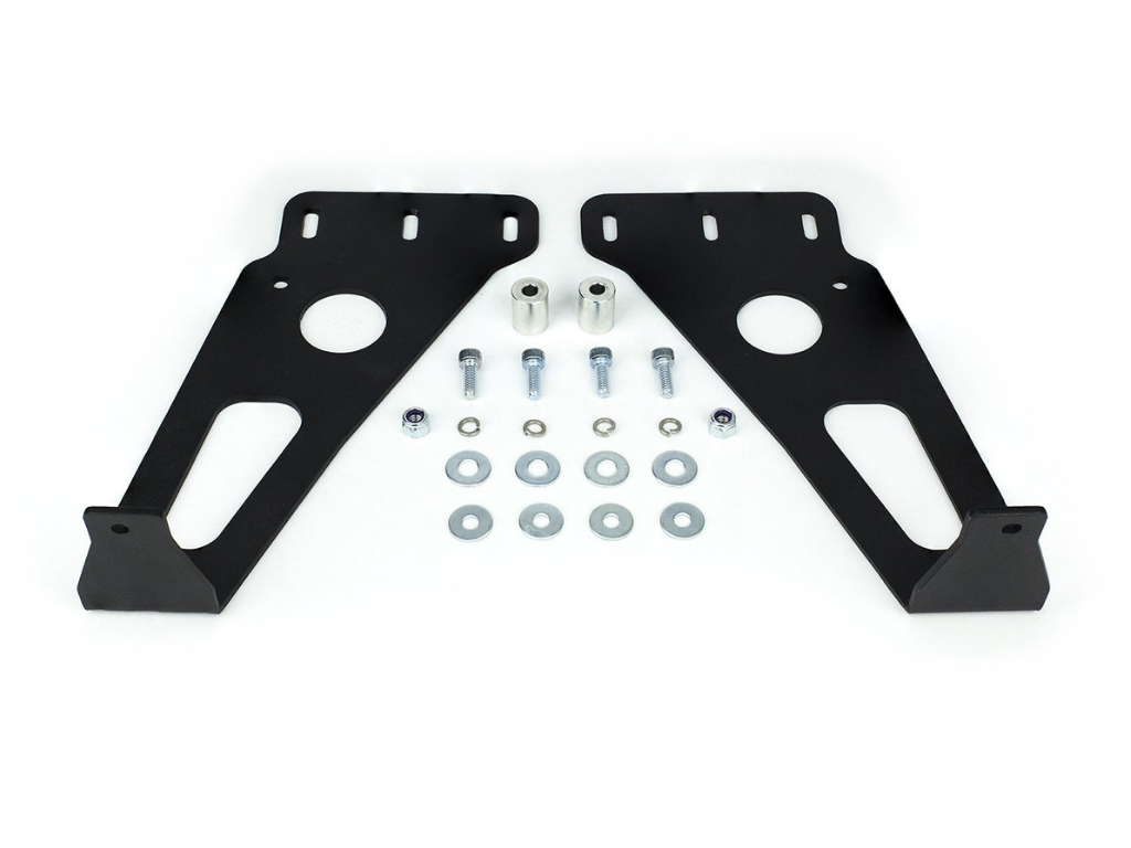 Black metal mounting brackets with hardware for off-road vehicle accessories on white background