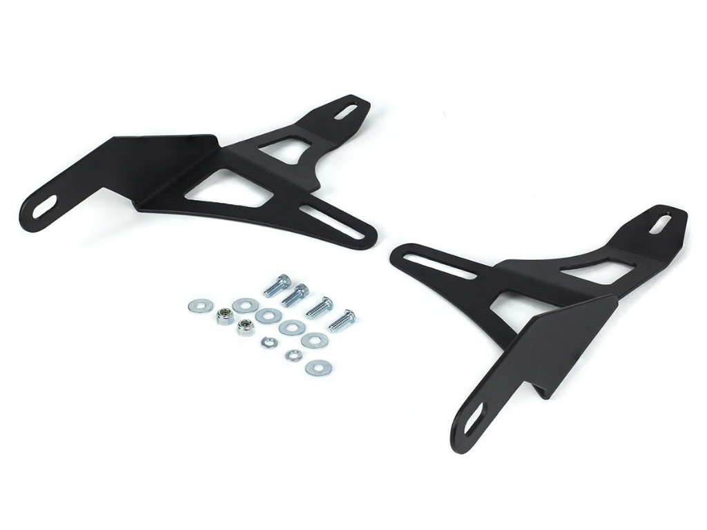 Pair of black steel mounting brackets with hardware for off-road vehicle accessories