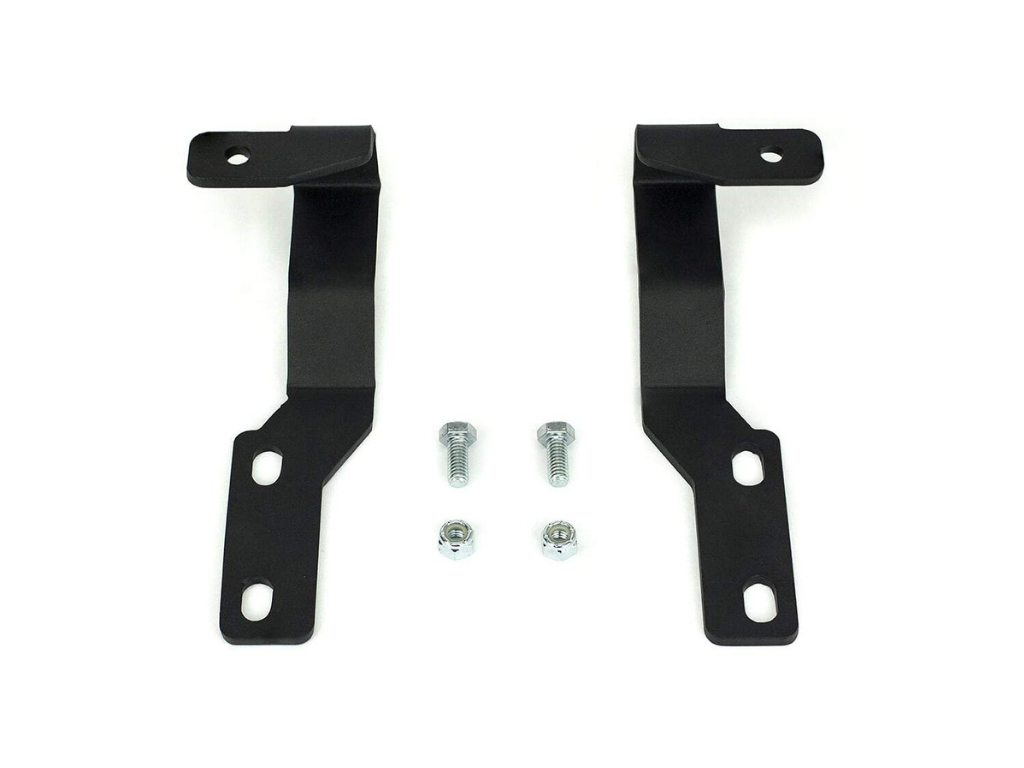 Black metal mounting brackets with bolts and nuts for vehicle roof rack or accessory installation