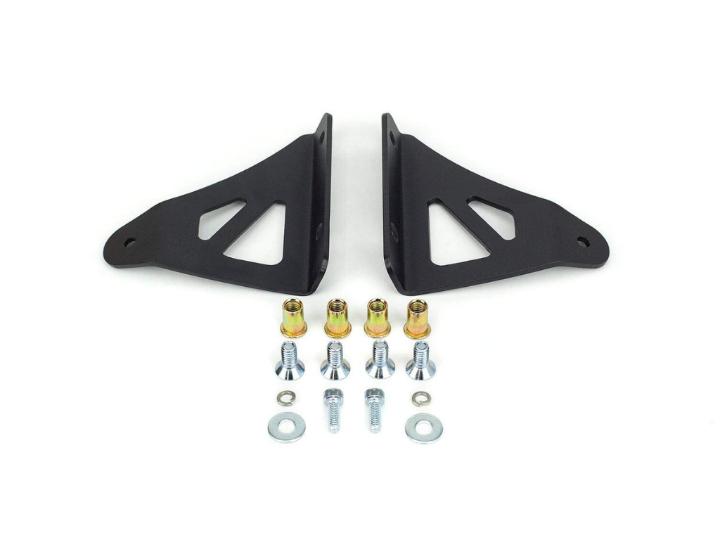 Black steel mounting brackets with bolts and hardware for off-road vehicle accessory installation