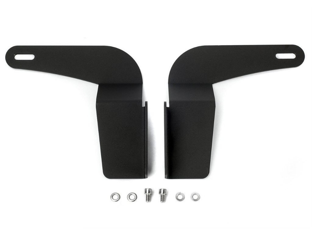 Black metal mounting brackets with screws and washers for off-road vehicle accessories