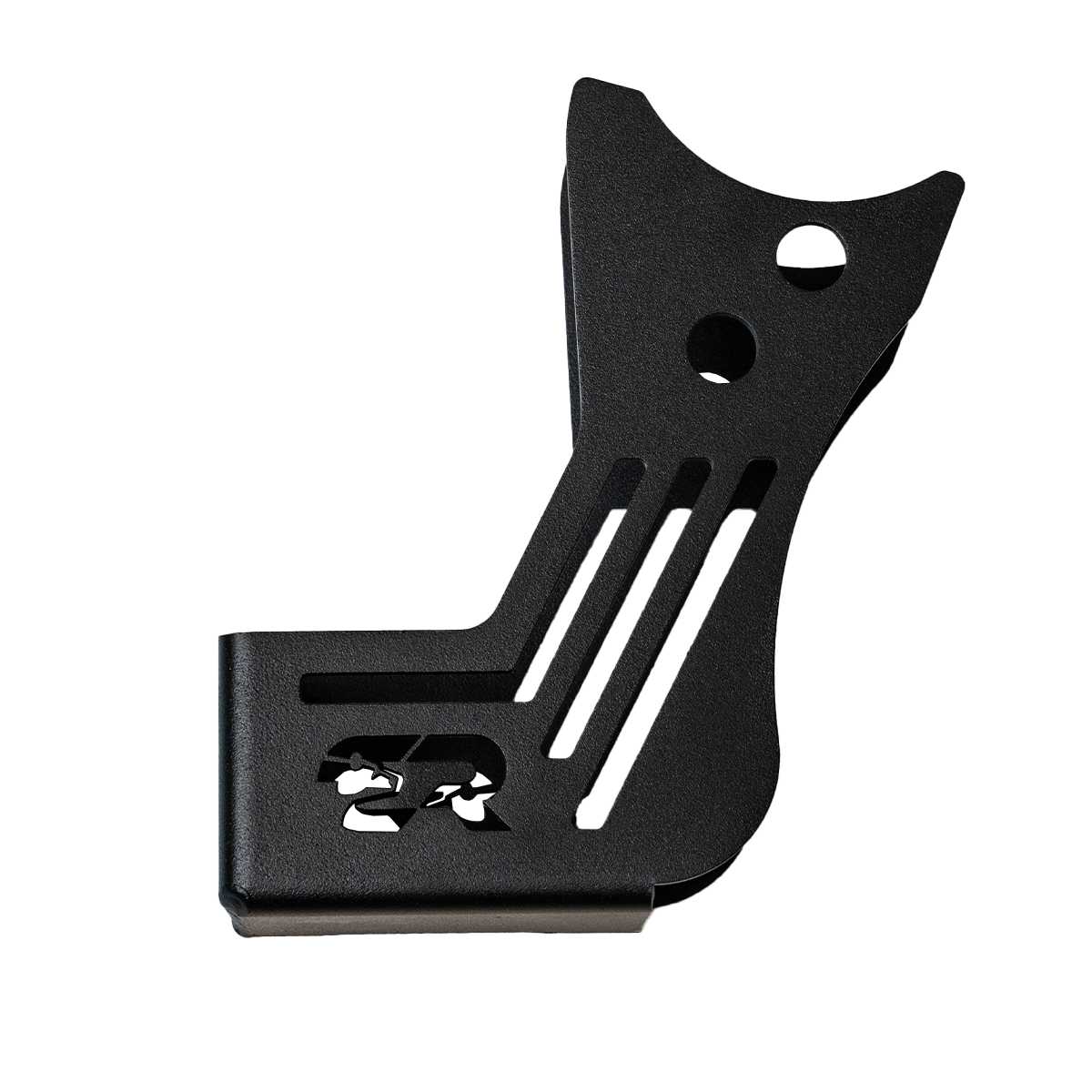 Black rear shock skid plate for 2024 Toyota Tacoma with cutout design on white background