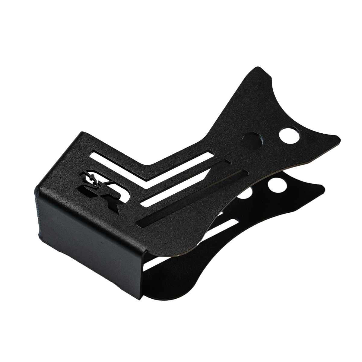 Black metal rear shock skid plate for 2024 Toyota Tacoma, angled with cutout design.