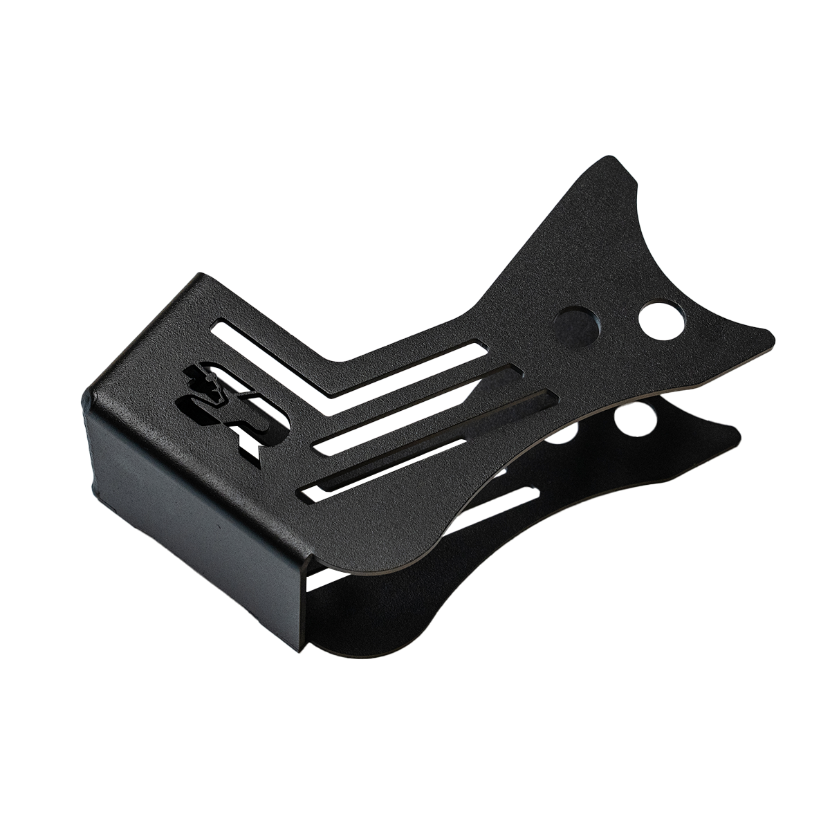 Black rear shock skid plate for 2024 Toyota Tacoma, slotted steel design on white background