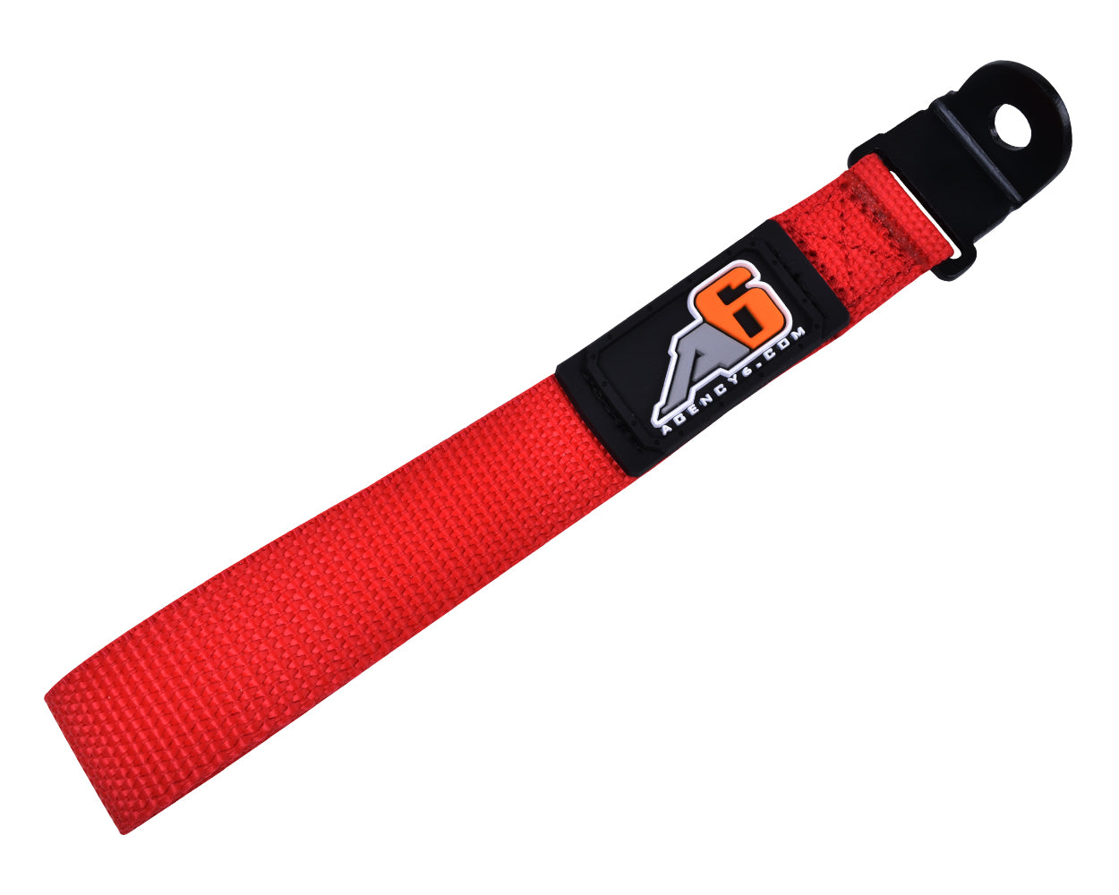 Red nylon vehicle recovery strap with black metal mounting bracket, ideal for off-road trucks and SUVs
