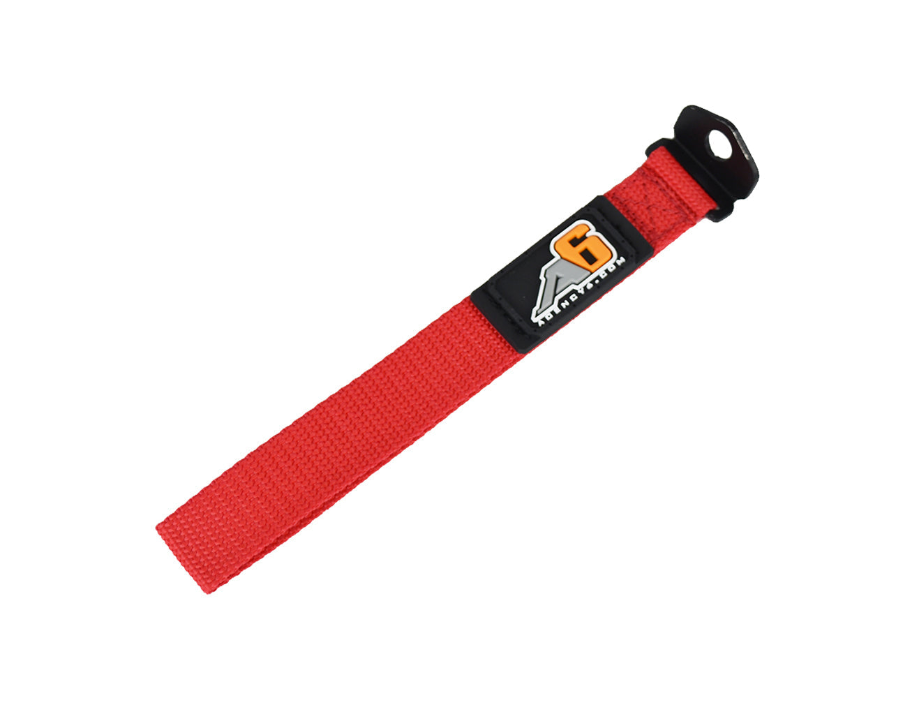 Red tow strap with metal mounting end for off-road vehicles and adventure gear