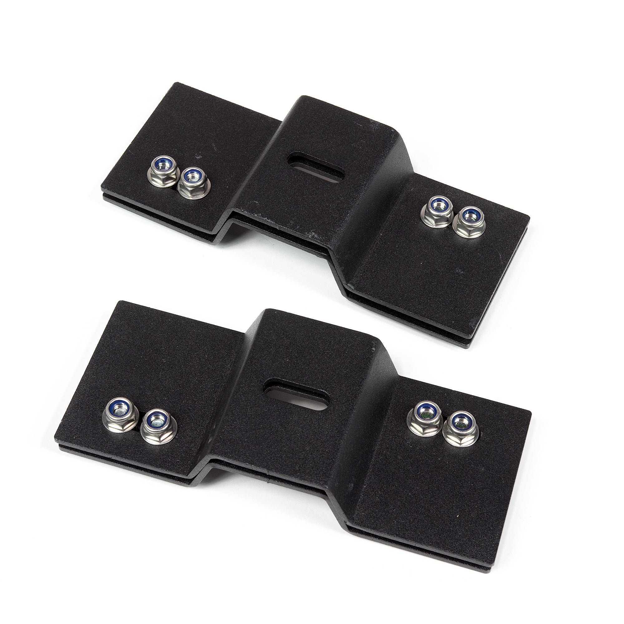 Pair of black metal tent mount brackets with bolts for overlanding roof racks