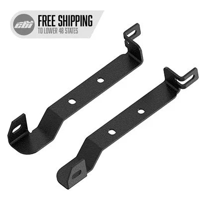 Black steel fog light mounting brackets for off-road vehicles, two pieces on white background