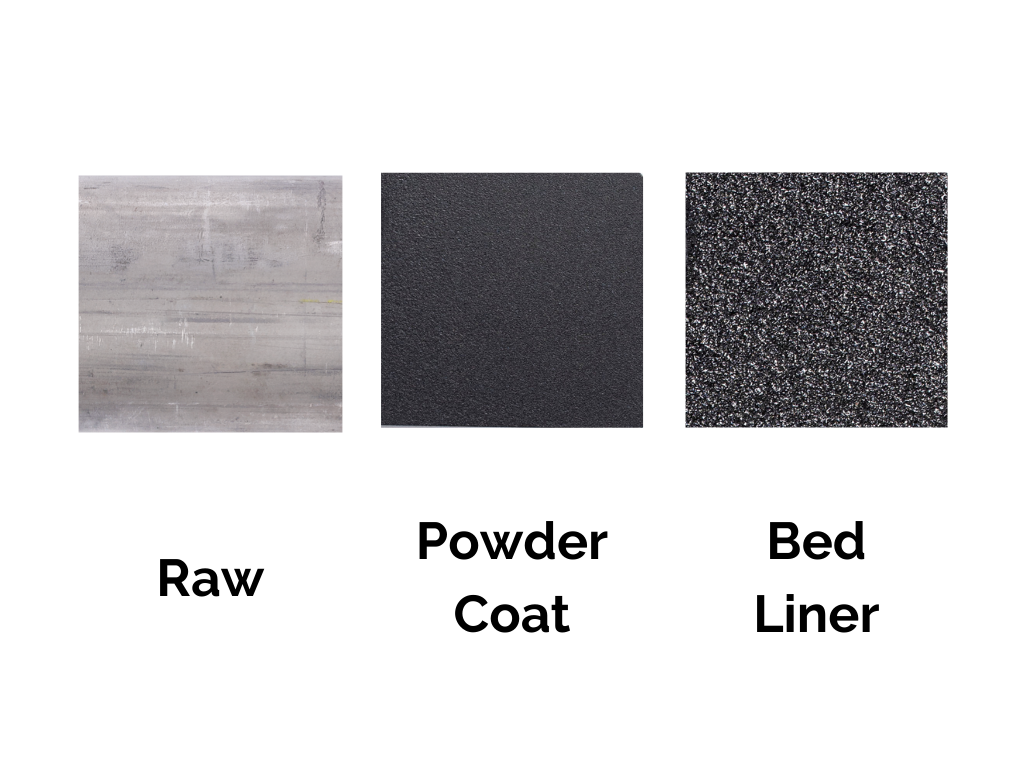 Three automotive coating options for rock sliders: raw metal, powder coat, bed liner texture