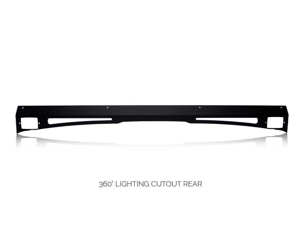 Black roof rack rear panel with 360-degree lighting cutouts, ideal for overlanding vehicles