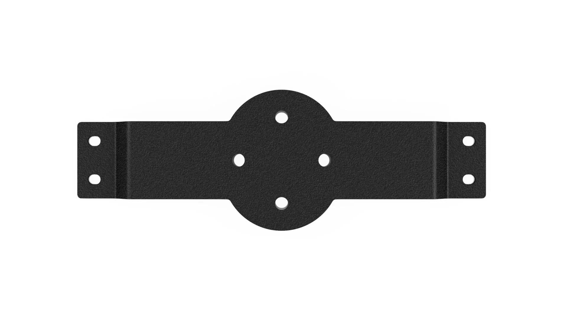 Black steel mounting bracket with multiple holes for overland vehicle accessories