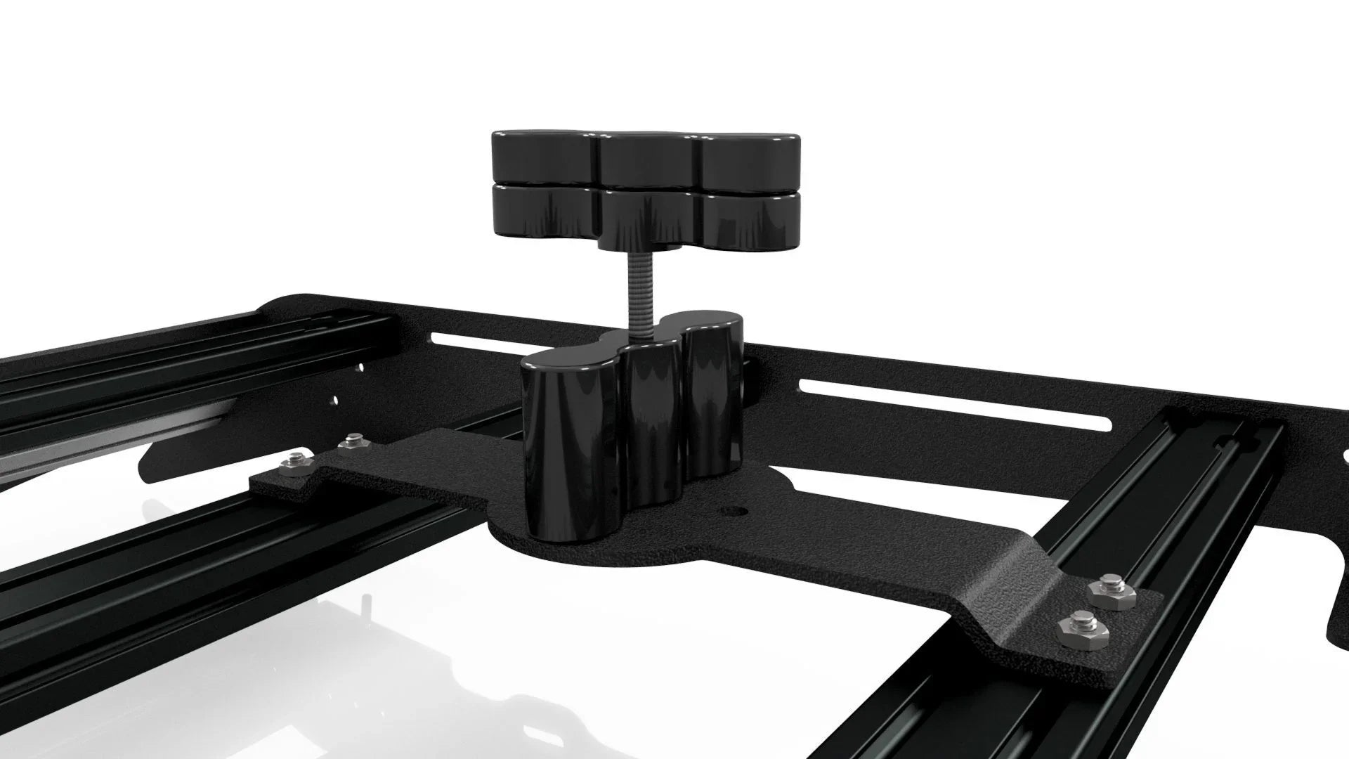 Two bar mount bracket for RotoPax fuel container on modular roof rack, close-up view