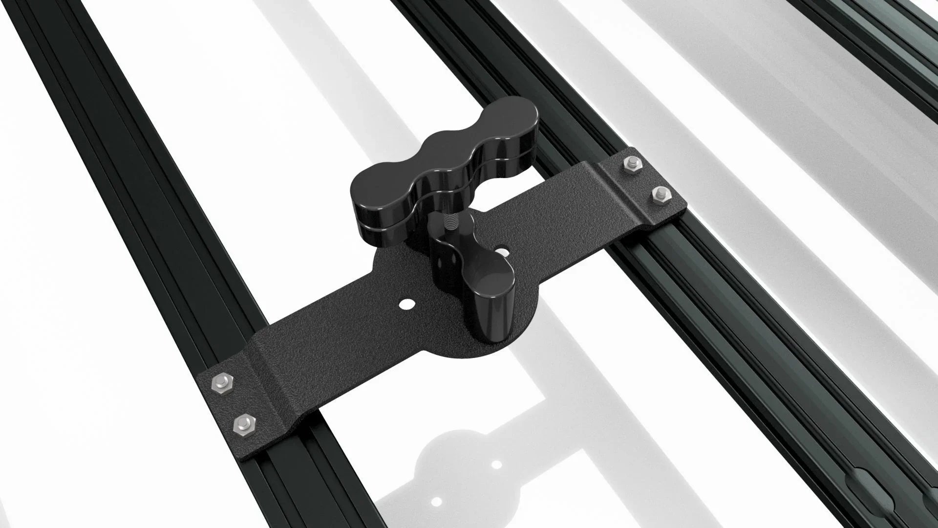 Black two-bar mounting bracket for expedition roof rack, shown installed on vehicle crossbars