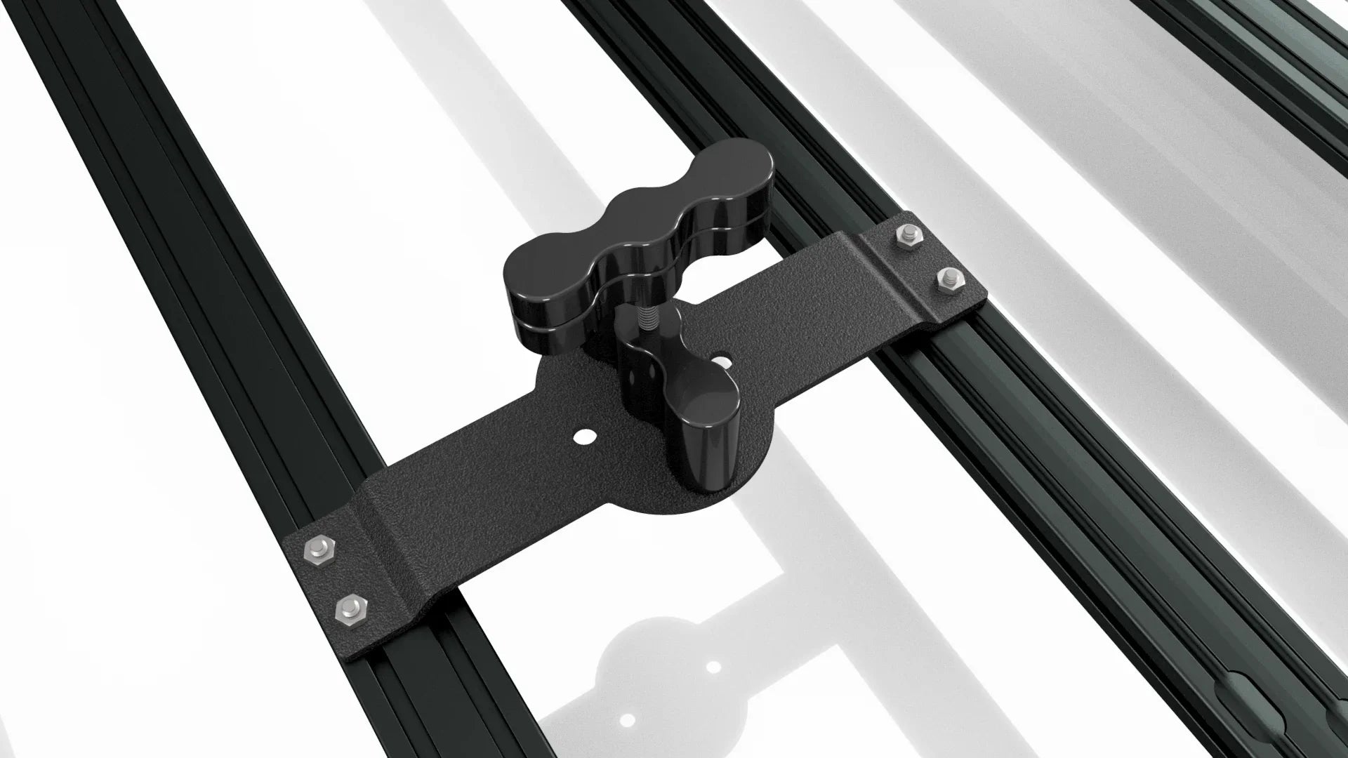 Black metal RotoPax two-bar mount for roof rack, overlanding vehicle accessory