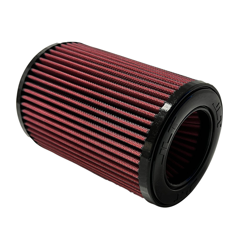 A red Cotton cleanable JLT Intake Replacement Filter 3.5" x 8"with a black top and bottom, designed for a car's intake system.