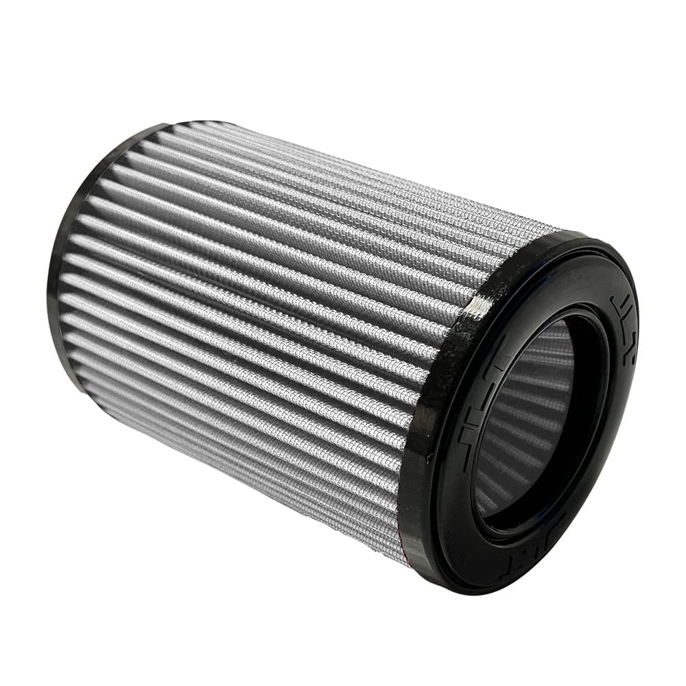 A white Dry extendable JLT Intake Replacement Filter 3.5" x 8"with a black top and bottom, designed for a car's intake system.
