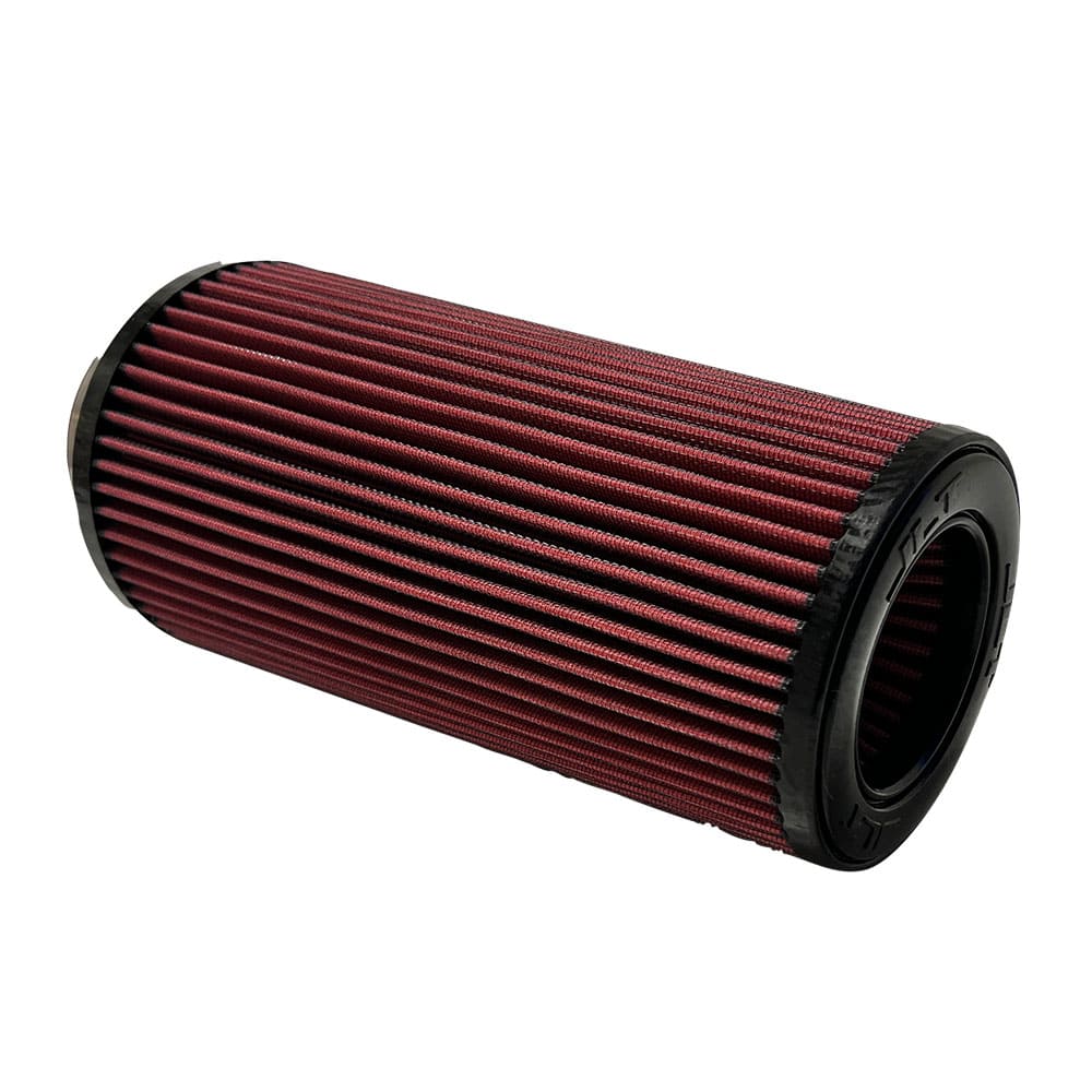 A red air filter JLT Intake Replacement Filter 4" x 12" with a black top designed for a vehicle intake system.