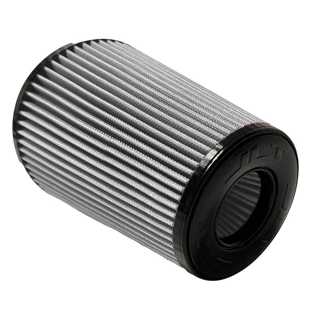 A white Dry Extendable JLT Intake Replacement Filter 6" x 9" NS with a black top designed for a vehicle intake system.