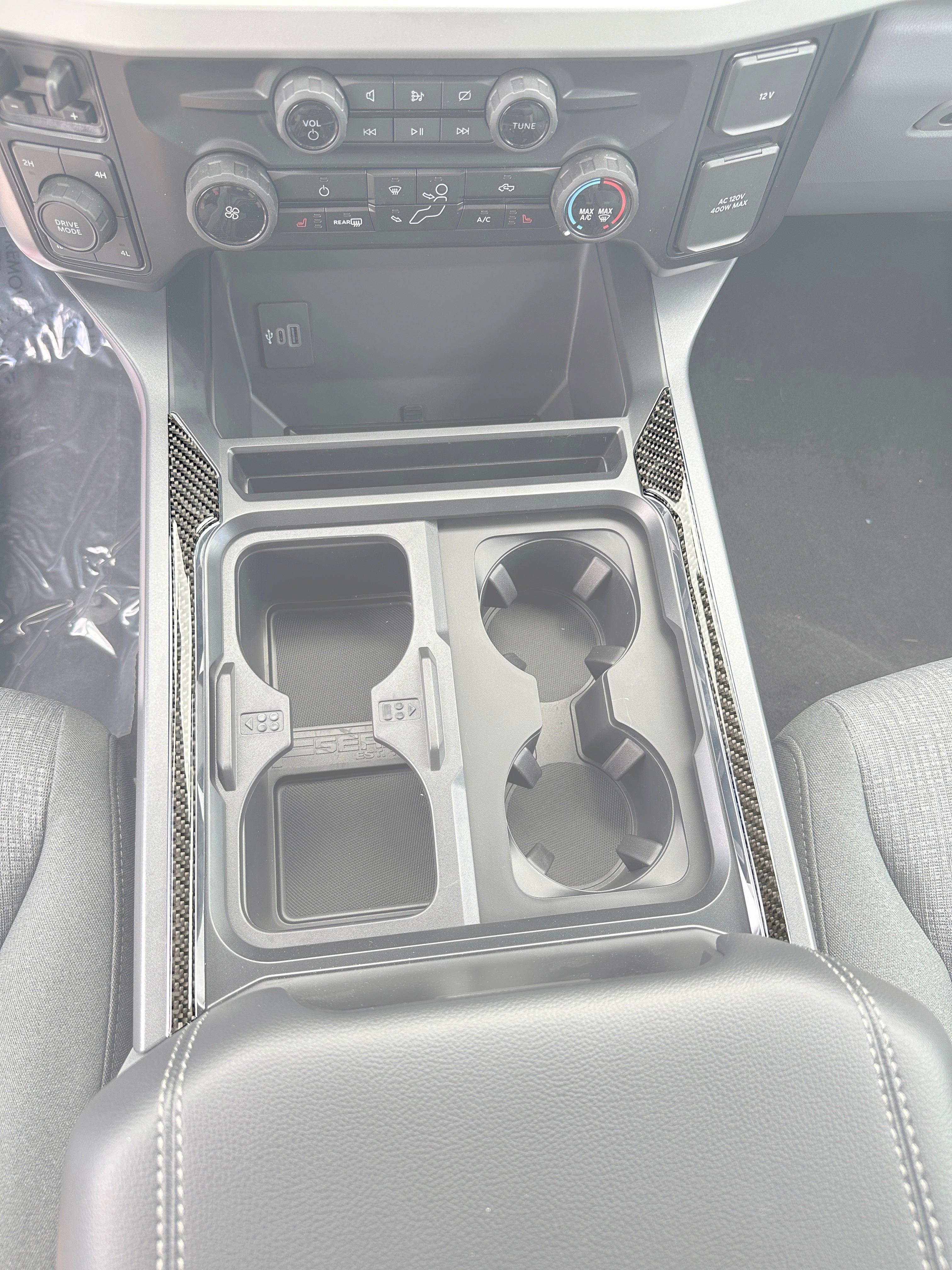 Tufskinz.com Center Console Chrome Cover Line Accent Trim Fits 2023-2026 Ford Super Duty - SKU SUP113-AMB-G - SUP113 DCF G Opacity - off-road overland product image