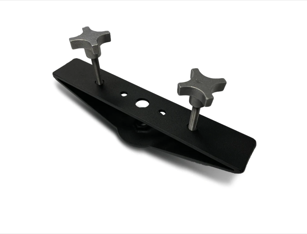 Black steel mounting bracket with two adjustable knobs for overlanding vehicle accessories