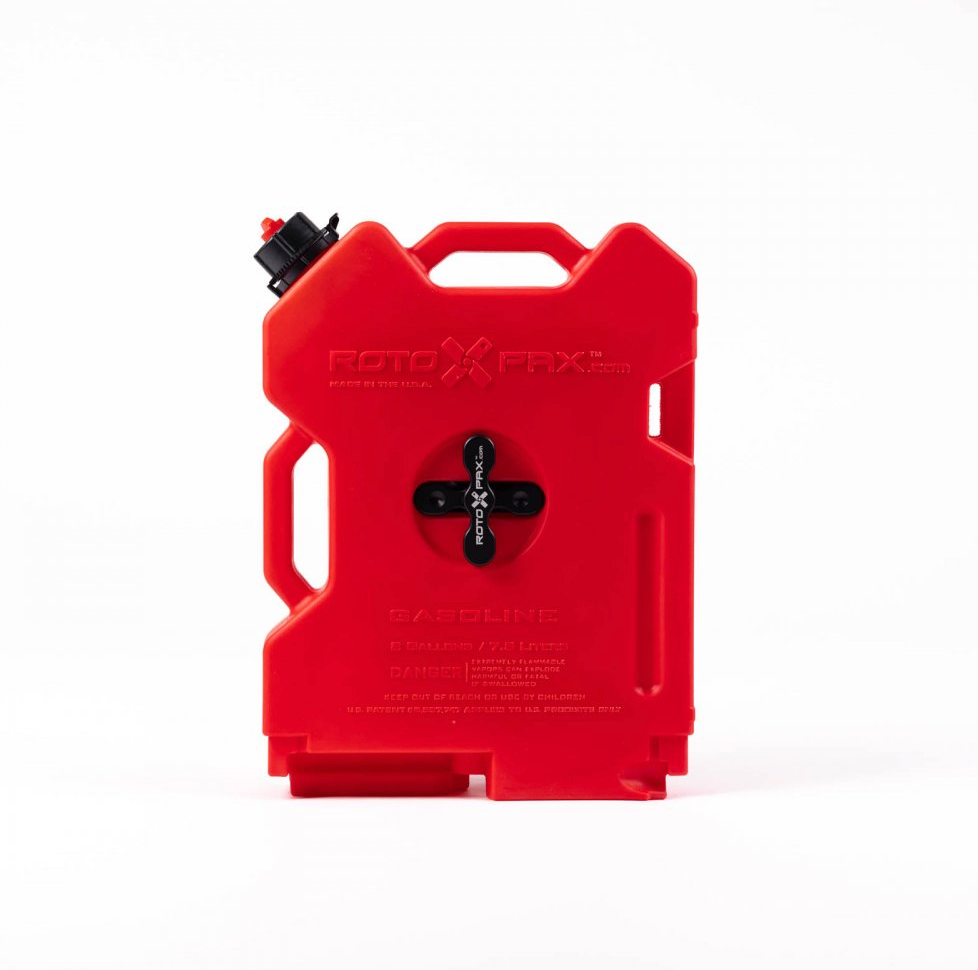Red RotoPaX fuel container for overlanding and off-road adventure vehicles