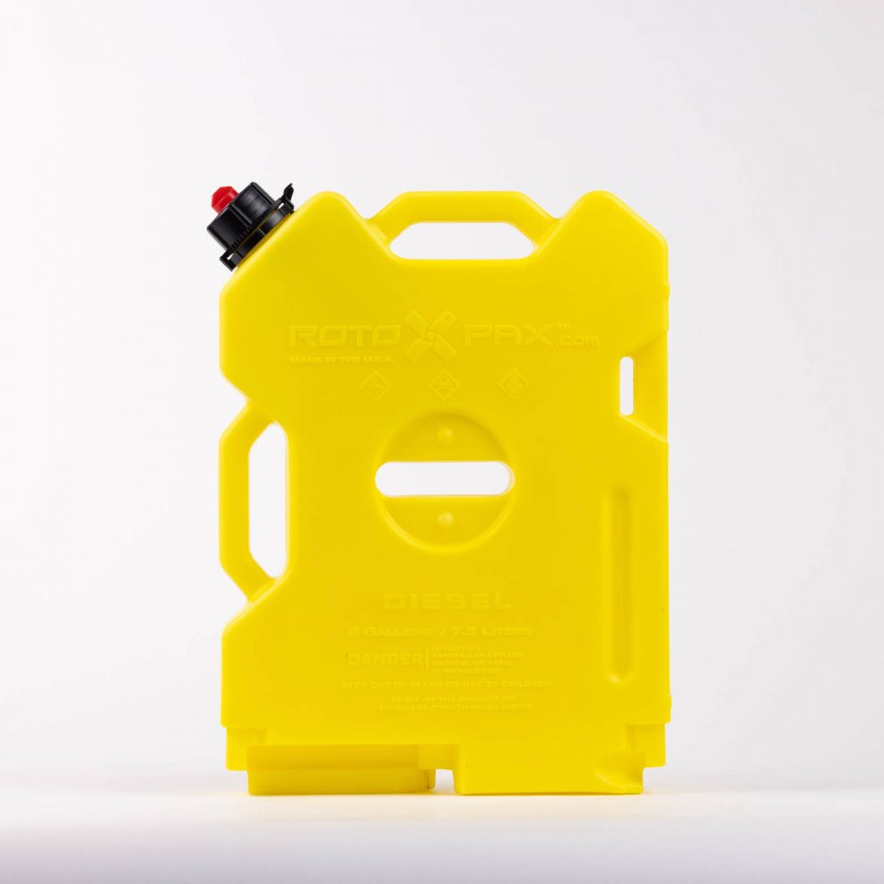 Yellow diesel fuel container for overlanding and expedition vehicles, isolated on white background