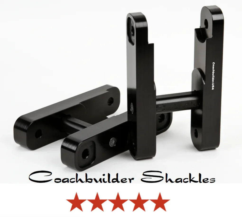 Black Coachbuilder shackles for off-road vehicles, overlanding suspension accessory