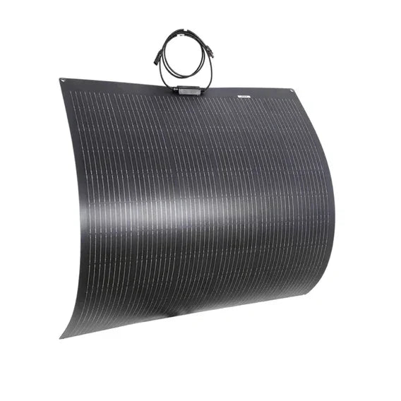 Flexible black solar panel with cable, ideal for overlanding and expedition vehicle use