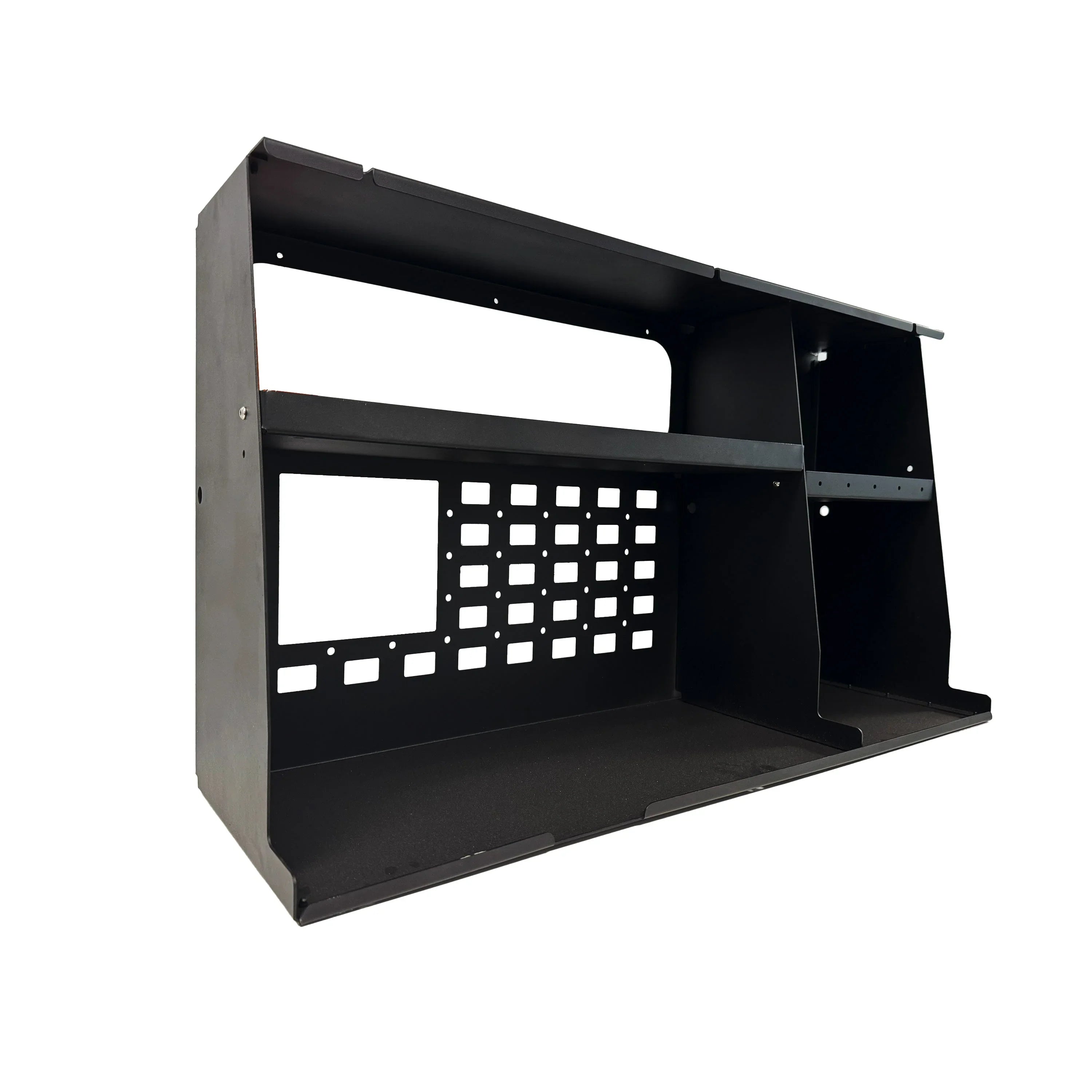 Black metal side molle storage box for overlanding vehicle organization, angled view