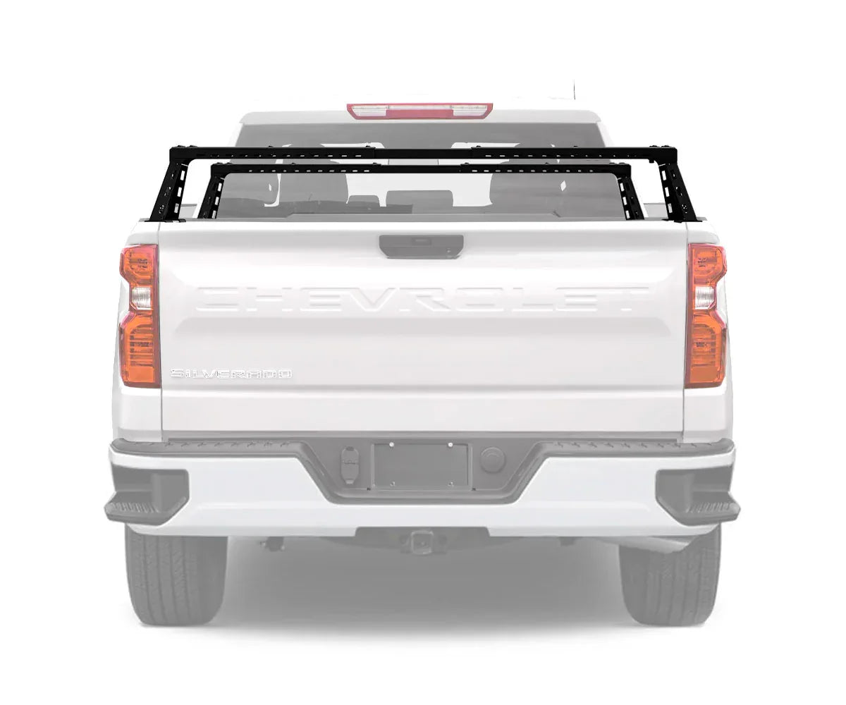 Chevrolet Silverado with black overland bed bars rack for truck utility and camping gear